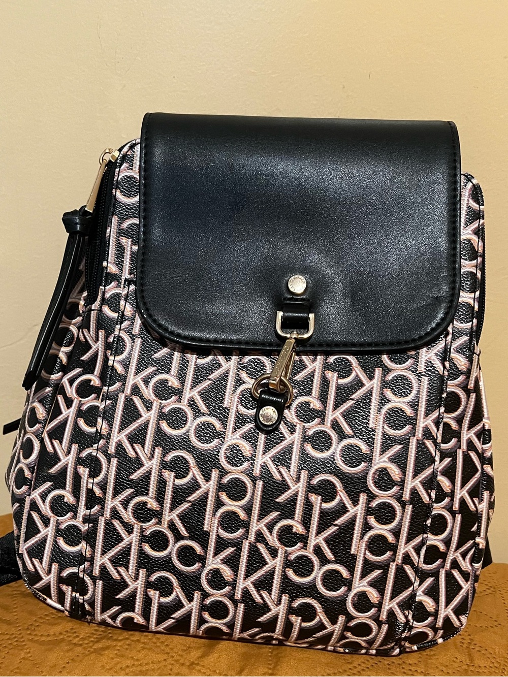 Calvin Klein Black Leather Flap Backpack